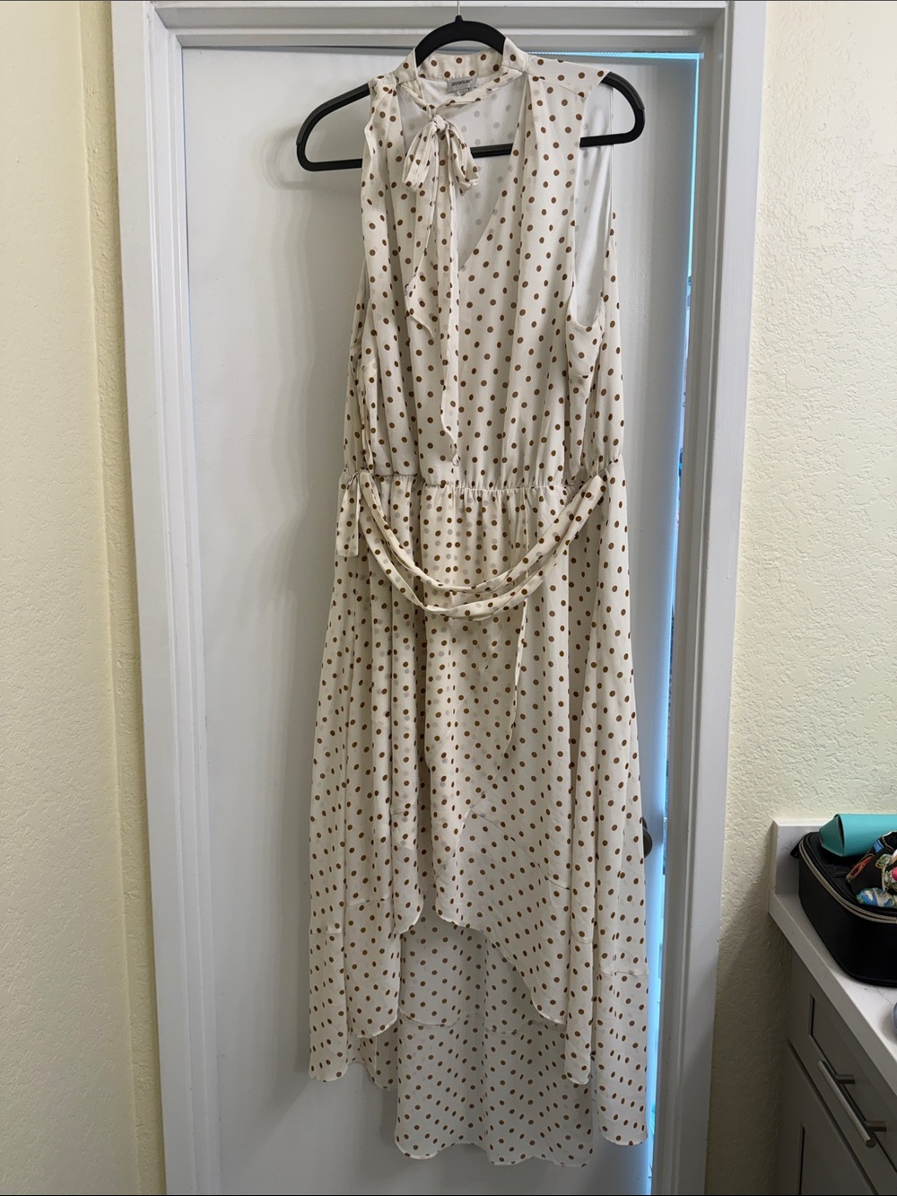 Avenue Cream Polka Dot High-Low Tie-Neck Dress
